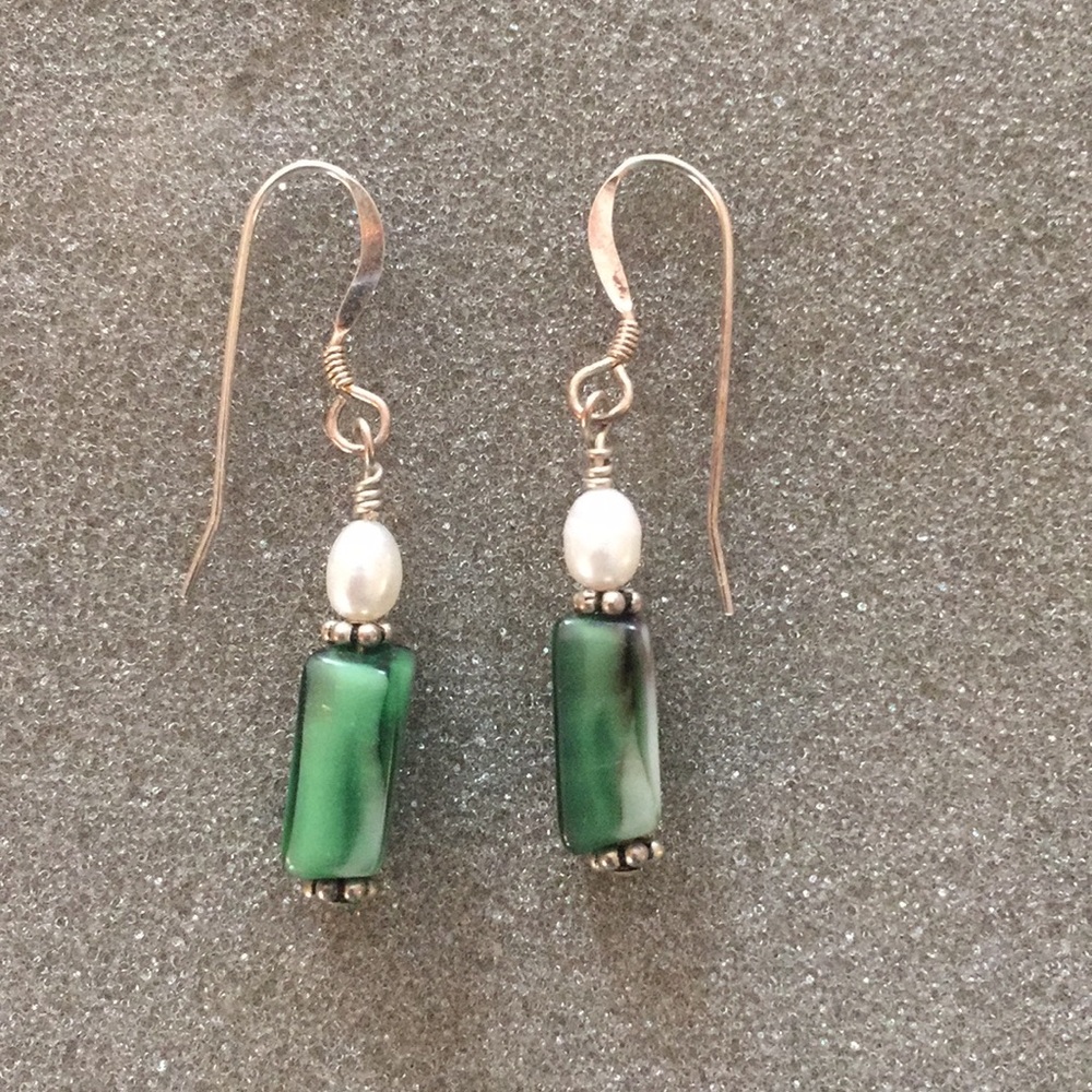 Green and White Dangle Earrings